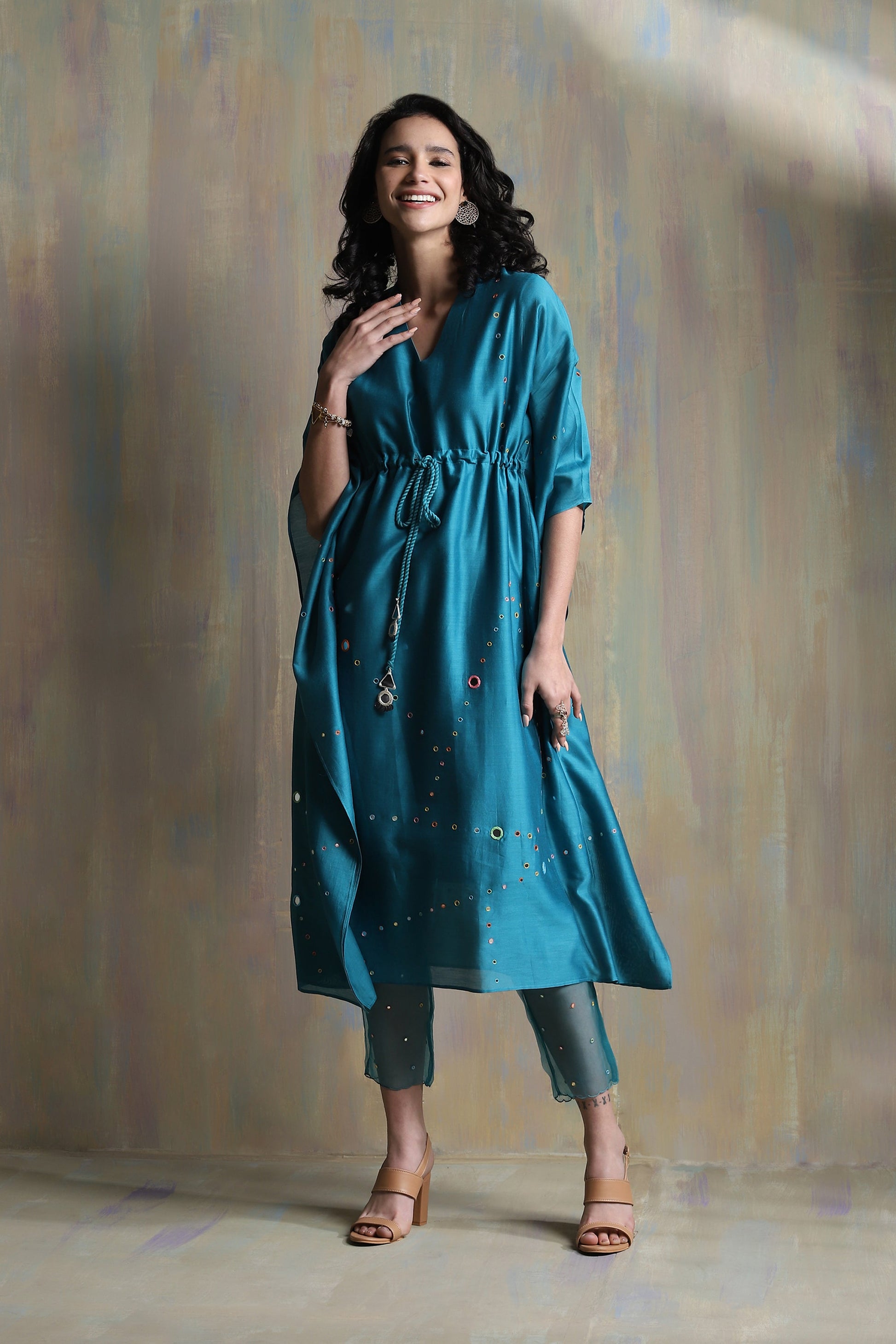 Turquoise Chanderi Kaftan With pant- Set of 2 by Charkhee with Blue, Chanderi, Co-ord Sets, Cotton, Festive Wear, Mirror Work, Natural, party, Party Wear Co-ords, Regular Fit, Tyohaar II by Charkhee, Womenswear at Kamakhyaa for sustainable fashion