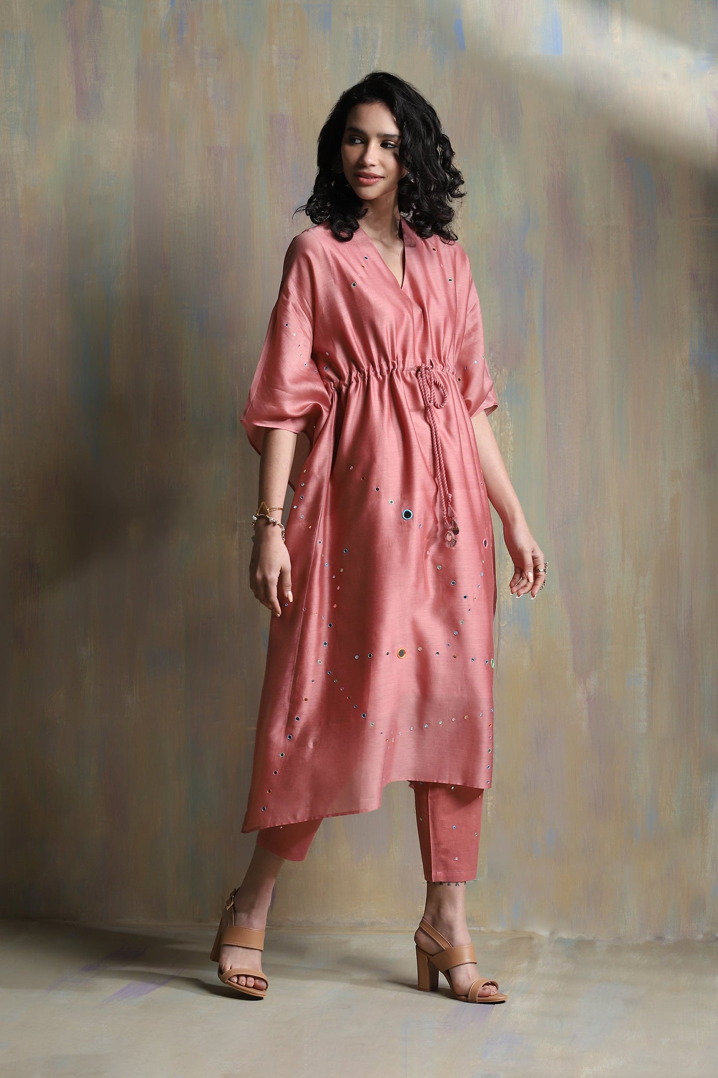 Pink Chanderi Kaftan With pant- Set of 2 by Charkhee with Chanderi, Co-ord Sets, Cotton, Festive Wear, Mirror Work, Natural, party, Party Wear Co-ords, Pink, Regular Fit, Tyohaar II by Charkhee, Womenswear at Kamakhyaa for sustainable fashion