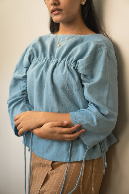 Reversible Ruched Blouse by Lafaani with 100% pure cotton, Blouses, Casual Wear, Light Blue, Materiality, Memoirs of Materiality by lafaani, Natural with azo free dyes, Organic, Regular Fit, Reversible, Solids, Womenswear at Kamakhyaa for sustainable fashion