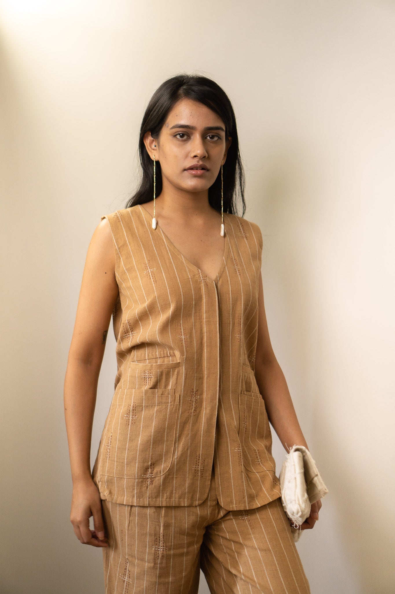 Brown Long Vest by Lafaani with 100% pure cotton, Brown, Casual Wear, Jackets, Materiality, Memoirs of Materiality by lafaani, Natural with azo dyes, Organic, Regular Fit, Solids, Undyed and Unbleached, Womenswear at Kamakhyaa for sustainable fashion