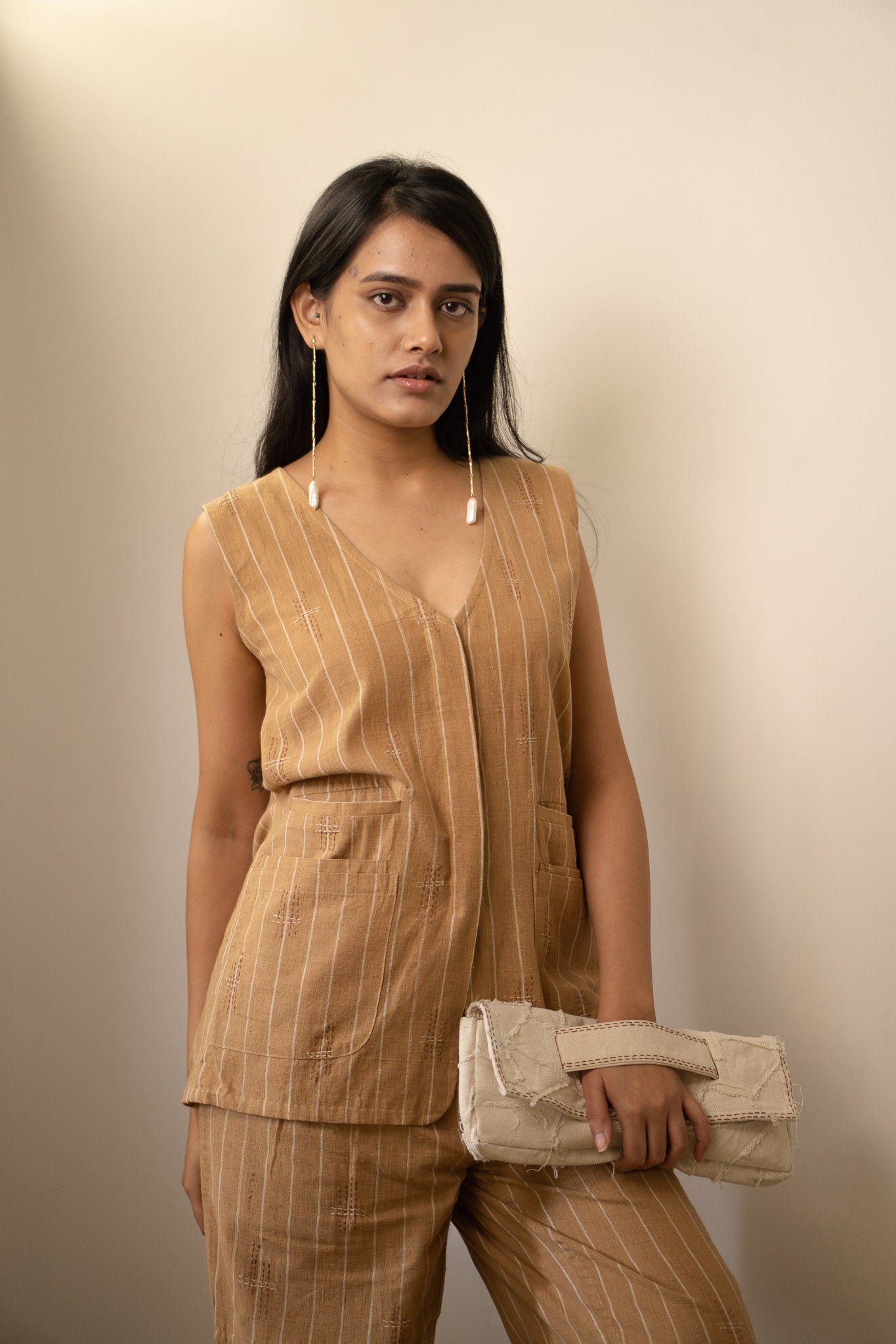 Brown Long Vest by Lafaani with 100% pure cotton, Brown, Casual Wear, Jackets, Materiality, Memoirs of Materiality by lafaani, Natural with azo dyes, Organic, Regular Fit, Solids, Undyed and Unbleached, Womenswear at Kamakhyaa for sustainable fashion