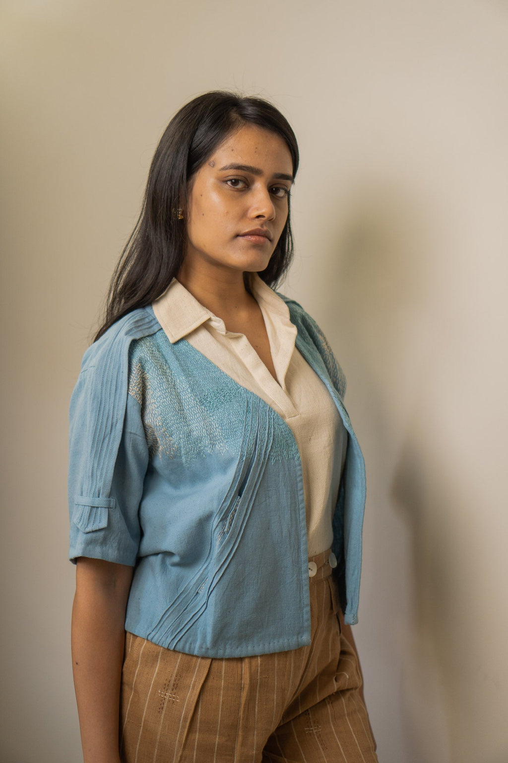 Unisex Cropped Half Sleeve Jacket by Lafaani with 100% pure cotton, Casual Wear, Jackets, Light Blue, Materiality, Memoirs of Materiality by lafaani, Menswear, Natural with azo free dyes, Organic, Regular Fit, Solids, Unisex at Kamakhyaa for sustainable fashion