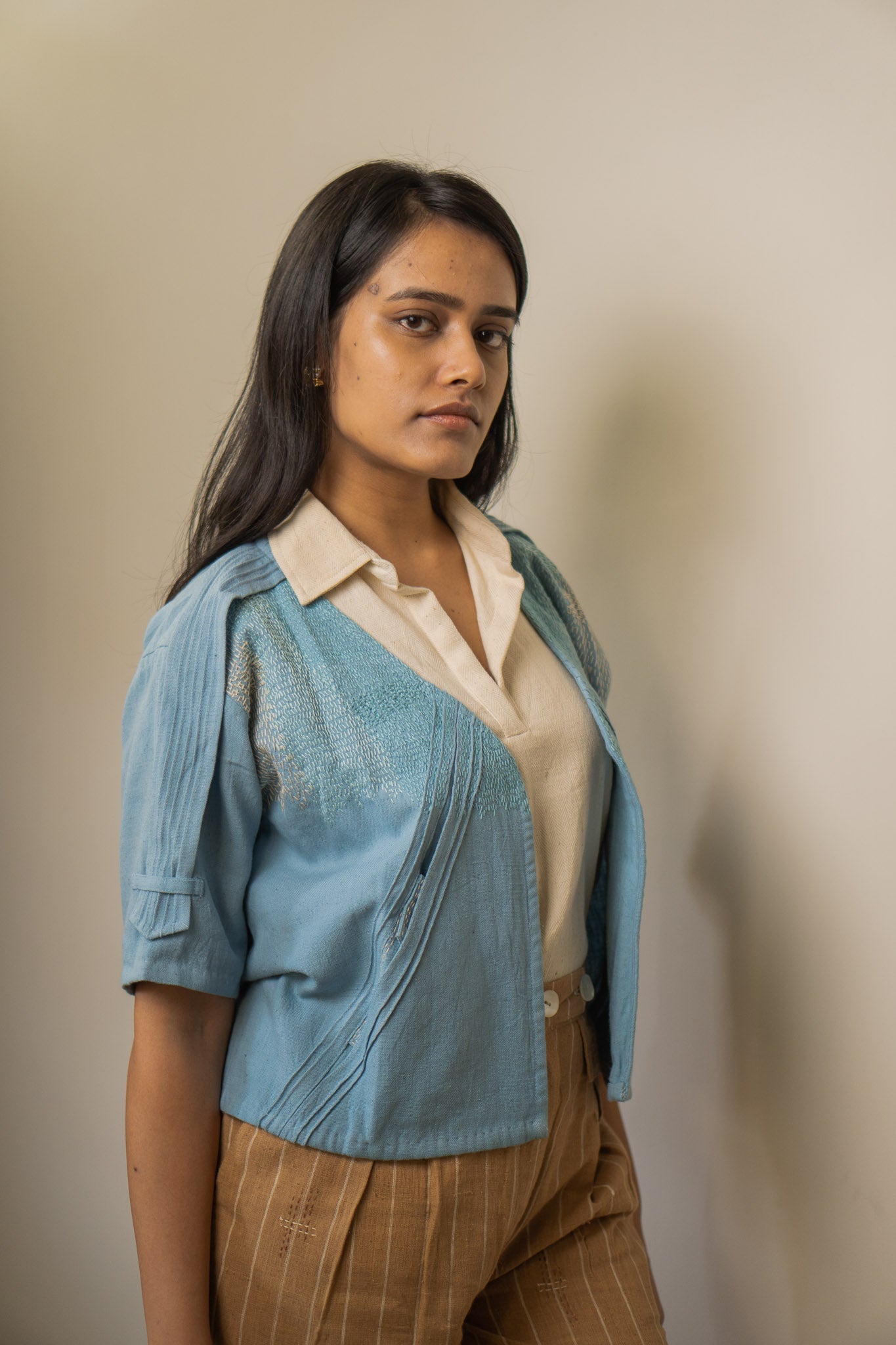 Unisex Cropped Half Sleeve Jacket by Lafaani with 100% pure cotton, Casual Wear, Jackets, Light Blue, Materiality, Memoirs of Materiality by lafaani, Menswear, Natural with azo free dyes, Organic, Regular Fit, Solids, Unisex at Kamakhyaa for sustainable fashion