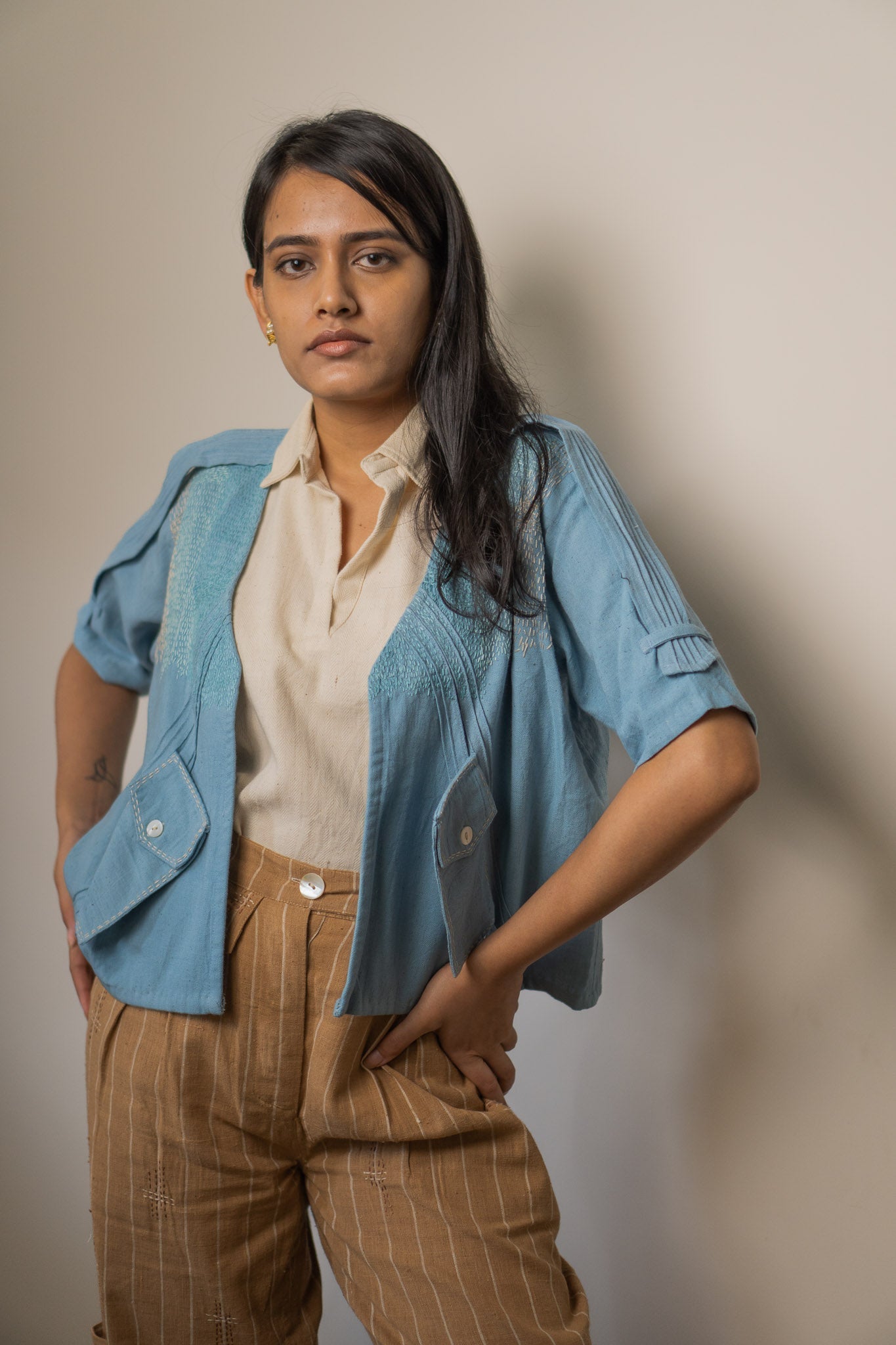 Unisex Cropped Half Sleeve Jacket by Lafaani with 100% pure cotton, Casual Wear, Jackets, Light Blue, Materiality, Memoirs of Materiality by lafaani, Menswear, Natural with azo free dyes, Organic, Regular Fit, Solids, Unisex at Kamakhyaa for sustainable fashion