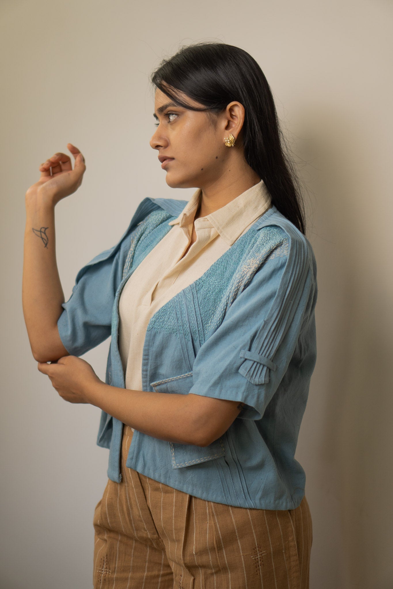 Unisex Cropped Half Sleeve Jacket by Lafaani with 100% pure cotton, Casual Wear, Jackets, Light Blue, Materiality, Memoirs of Materiality by lafaani, Menswear, Natural with azo free dyes, Organic, Regular Fit, Solids, Unisex at Kamakhyaa for sustainable fashion