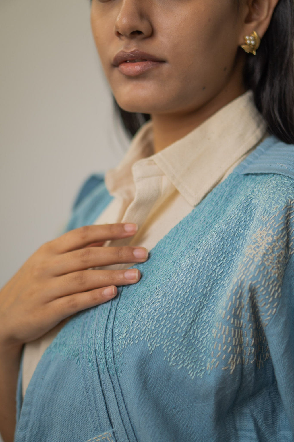 Unisex Cropped Half Sleeve Jacket by Lafaani with 100% pure cotton, Casual Wear, Jackets, Light Blue, Materiality, Memoirs of Materiality by lafaani, Menswear, Natural with azo free dyes, Organic, Regular Fit, Solids, Unisex at Kamakhyaa for sustainable fashion