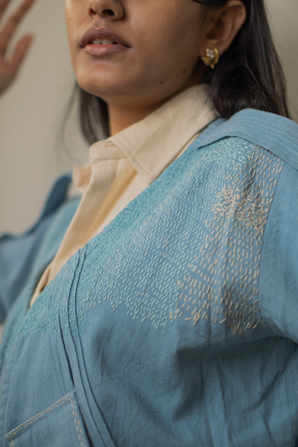 Unisex Cropped Half Sleeve Jacket by Lafaani with 100% pure cotton, Casual Wear, Jackets, Light Blue, Materiality, Memoirs of Materiality by lafaani, Menswear, Natural with azo free dyes, Organic, Regular Fit, Solids, Unisex at Kamakhyaa for sustainable fashion