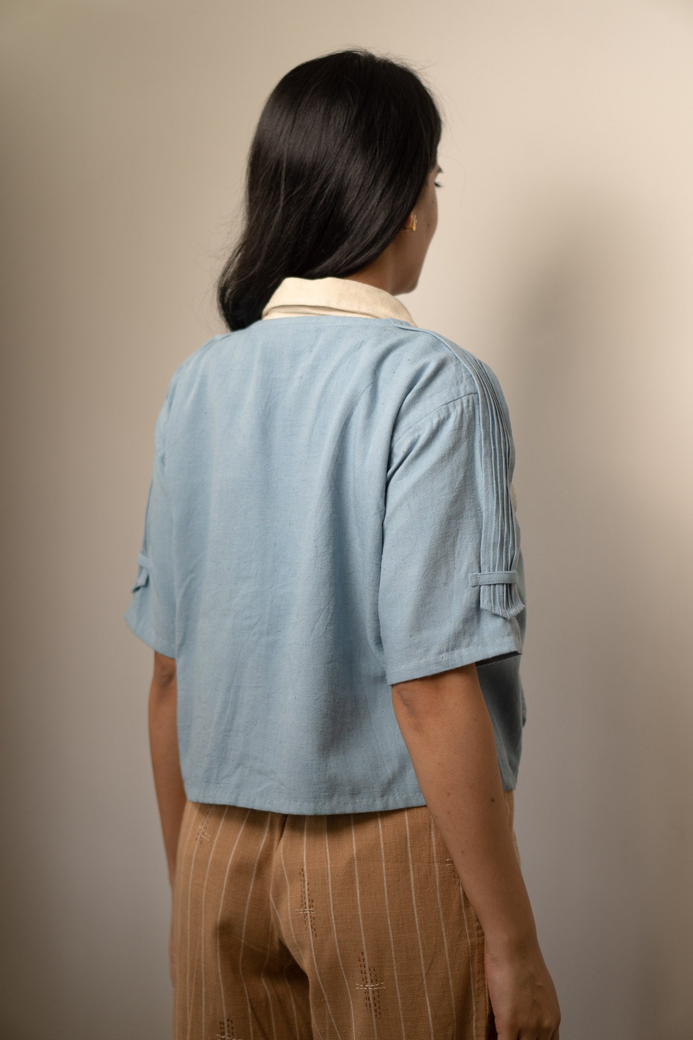 Unisex Cropped Half Sleeve Jacket by Lafaani with 100% pure cotton, Casual Wear, Jackets, Light Blue, Materiality, Memoirs of Materiality by lafaani, Menswear, Natural with azo free dyes, Organic, Regular Fit, Solids, Unisex at Kamakhyaa for sustainable fashion