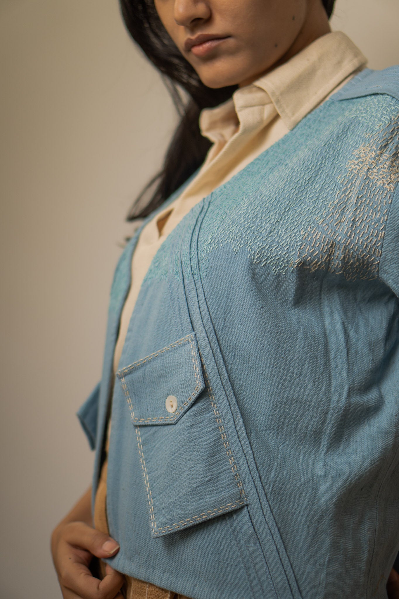 Unisex Cropped Half Sleeve Jacket by Lafaani with 100% pure cotton, Casual Wear, Jackets, Light Blue, Materiality, Memoirs of Materiality by lafaani, Menswear, Natural with azo free dyes, Organic, Regular Fit, Solids, Unisex at Kamakhyaa for sustainable fashion