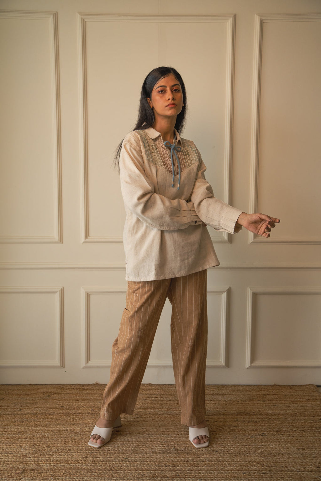 Yoke Detail Shirt by Lafaani with 100% pure cotton, Casual Wear, Embroidered, Kora, Materiality, Memoirs of Materiality by lafaani, Natural with azo free dyes, Organic, Regular Fit, Shirts, Solids, Undyed and Unbleached, Womenswear at Kamakhyaa for sustainable fashion