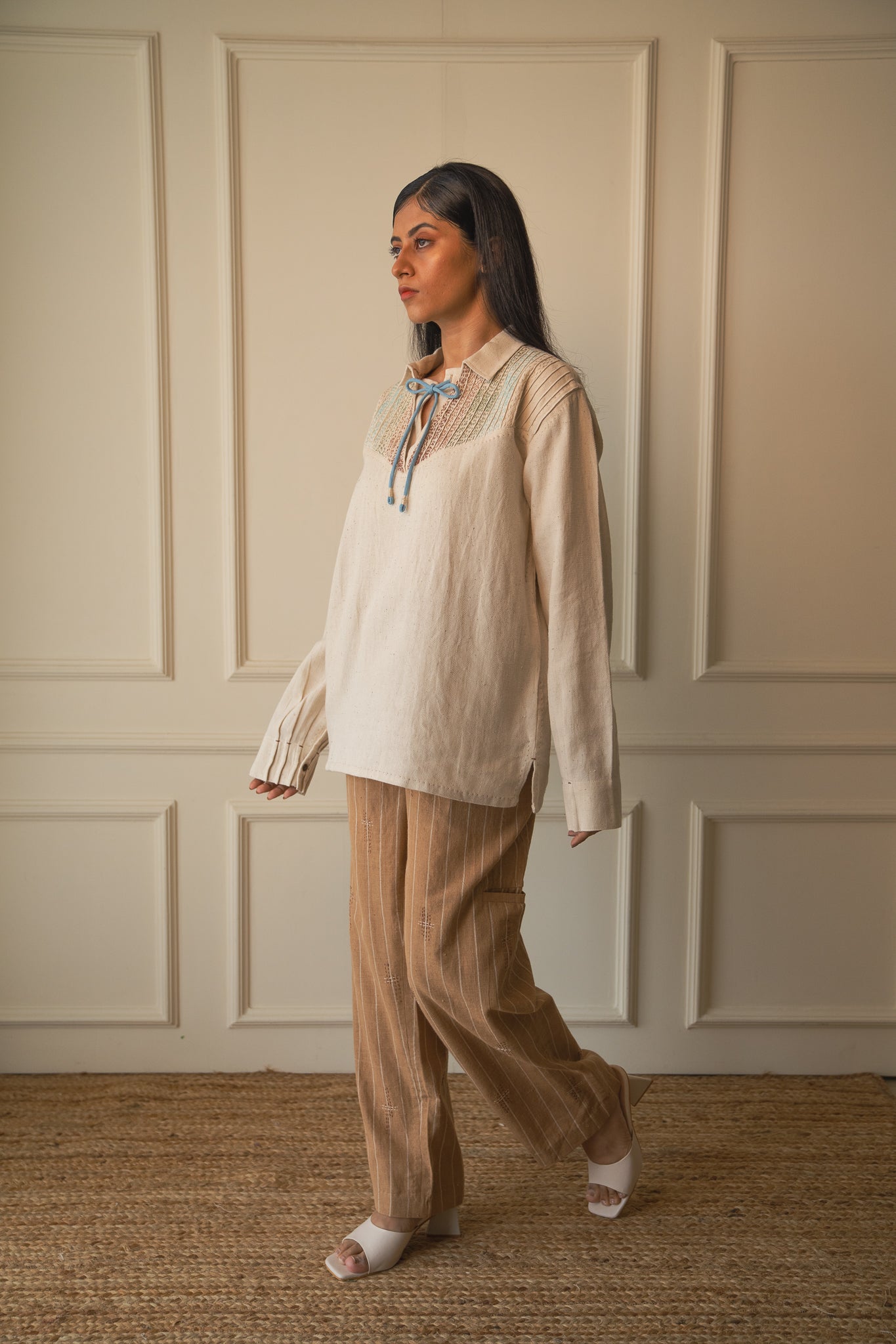 Yoke Detail Shirt by Lafaani with 100% pure cotton, Casual Wear, Embroidered, Kora, Materiality, Memoirs of Materiality by lafaani, Natural with azo free dyes, Organic, Regular Fit, Shirts, Solids, Undyed and Unbleached, Womenswear at Kamakhyaa for sustainable fashion