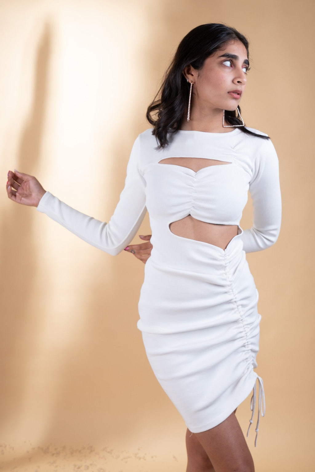 White Mini Dress by Meko Studio with Cut Out Dresses, Deadstock Fabrics, Evening Wear, For Her, July Sale, July Sale 2023, Mini Dresses, Reroot AW-21/22, Reroot by Meko Studio, Slim Fit, Solid Selfmade, Solids, White, Womenswear at Kamakhyaa for sustainable fashion