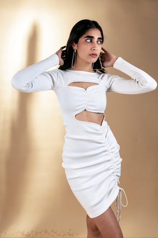 White Mini Dress by Meko Studio with Cut Out Dresses, Deadstock Fabrics, Evening Wear, For Her, July Sale, July Sale 2023, Mini Dresses, Reroot AW-21/22, Reroot by Meko Studio, Slim Fit, Solid Selfmade, Solids, White, Womenswear at Kamakhyaa for sustainable fashion