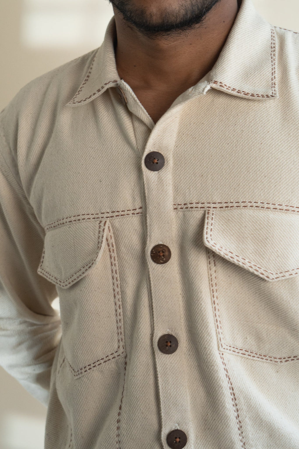 Dawning Denim Jacket by Lafaani with Beige, Casual Wear, Dawning by Lafaani, Denim, Embroidered, For Him, Hand Woven Cotton, Jackets, Kora, Mens Overlay, Menswear, Natural, Regular Fit at Kamakhyaa for sustainable fashion