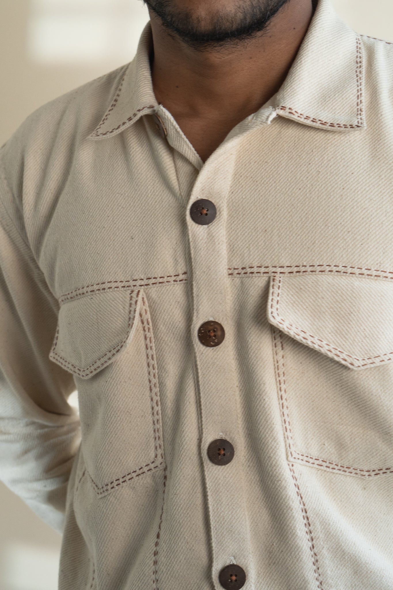 Dawning Denim Jacket by Lafaani with Beige, Casual Wear, Dawning by Lafaani, Denim, Embroidered, For Him, Hand Woven Cotton, Jackets, Kora, Mens Overlay, Menswear, Natural, Regular Fit at Kamakhyaa for sustainable fashion