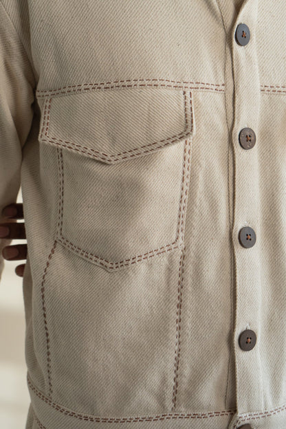 Dawning Denim Jacket at Kamakhyaa by Lafaani. This item is Beige, Casual Wear, Denim, Embroidered, For Him, Hand Woven Cotton, Jackets, Kora, Mens Overlay, Menswear, Natural, Regular Fit