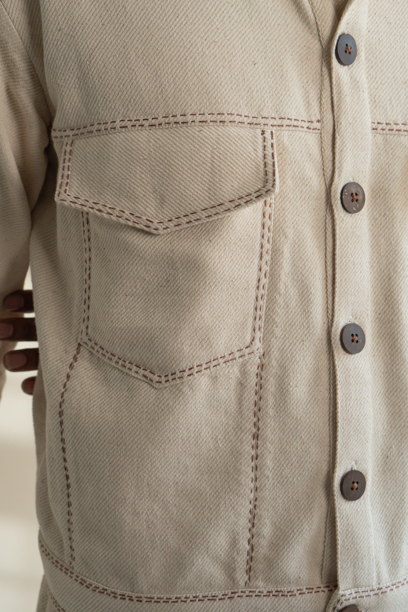 Dawning Denim Jacket by Lafaani with Beige, Casual Wear, Dawning by Lafaani, Denim, Embroidered, For Him, Hand Woven Cotton, Jackets, Kora, Mens Overlay, Menswear, Natural, Regular Fit at Kamakhyaa for sustainable fashion