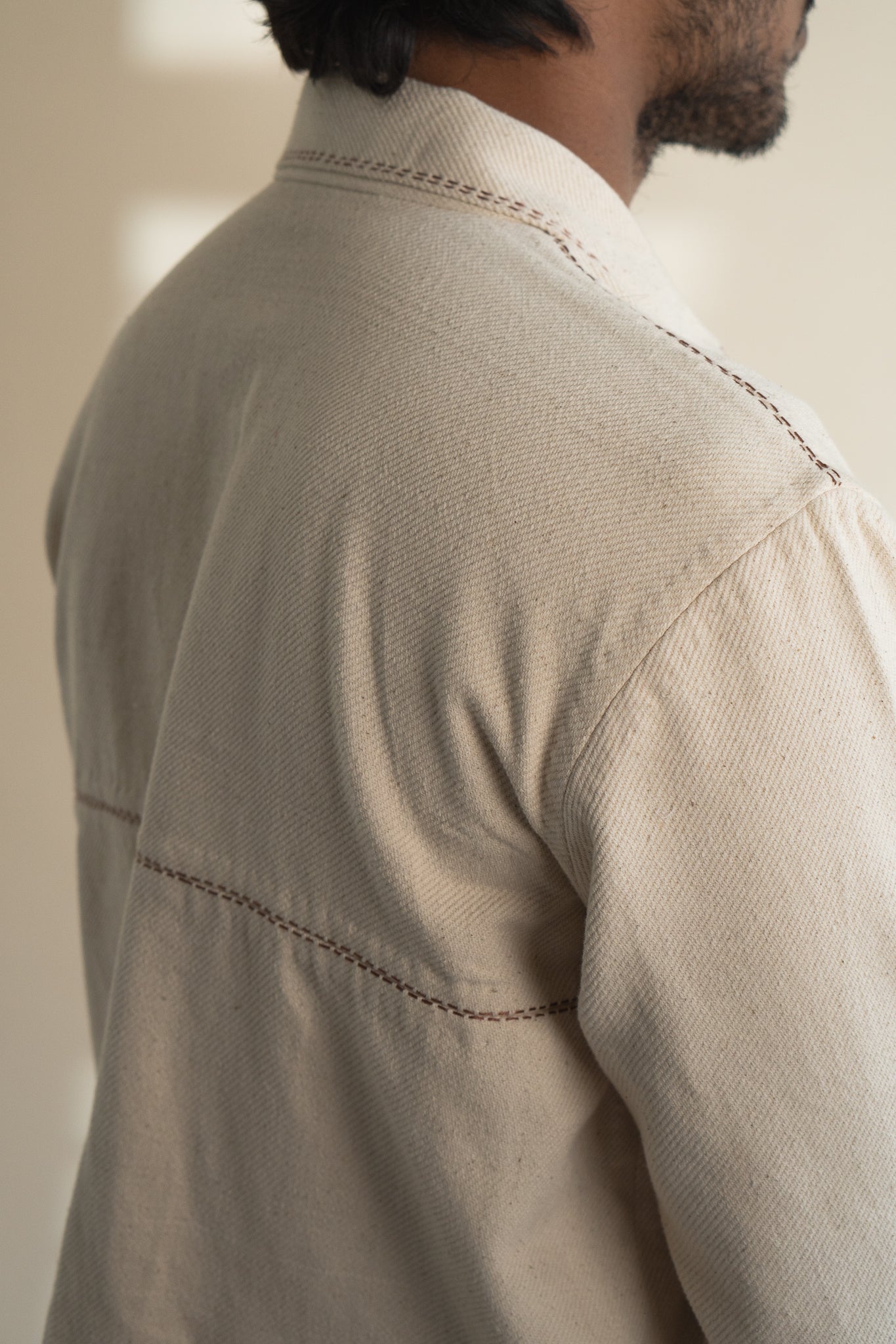 Dawning Denim Jacket by Lafaani with Beige, Casual Wear, Dawning by Lafaani, Denim, Embroidered, For Him, Hand Woven Cotton, Jackets, Kora, Mens Overlay, Menswear, Natural, Regular Fit at Kamakhyaa for sustainable fashion