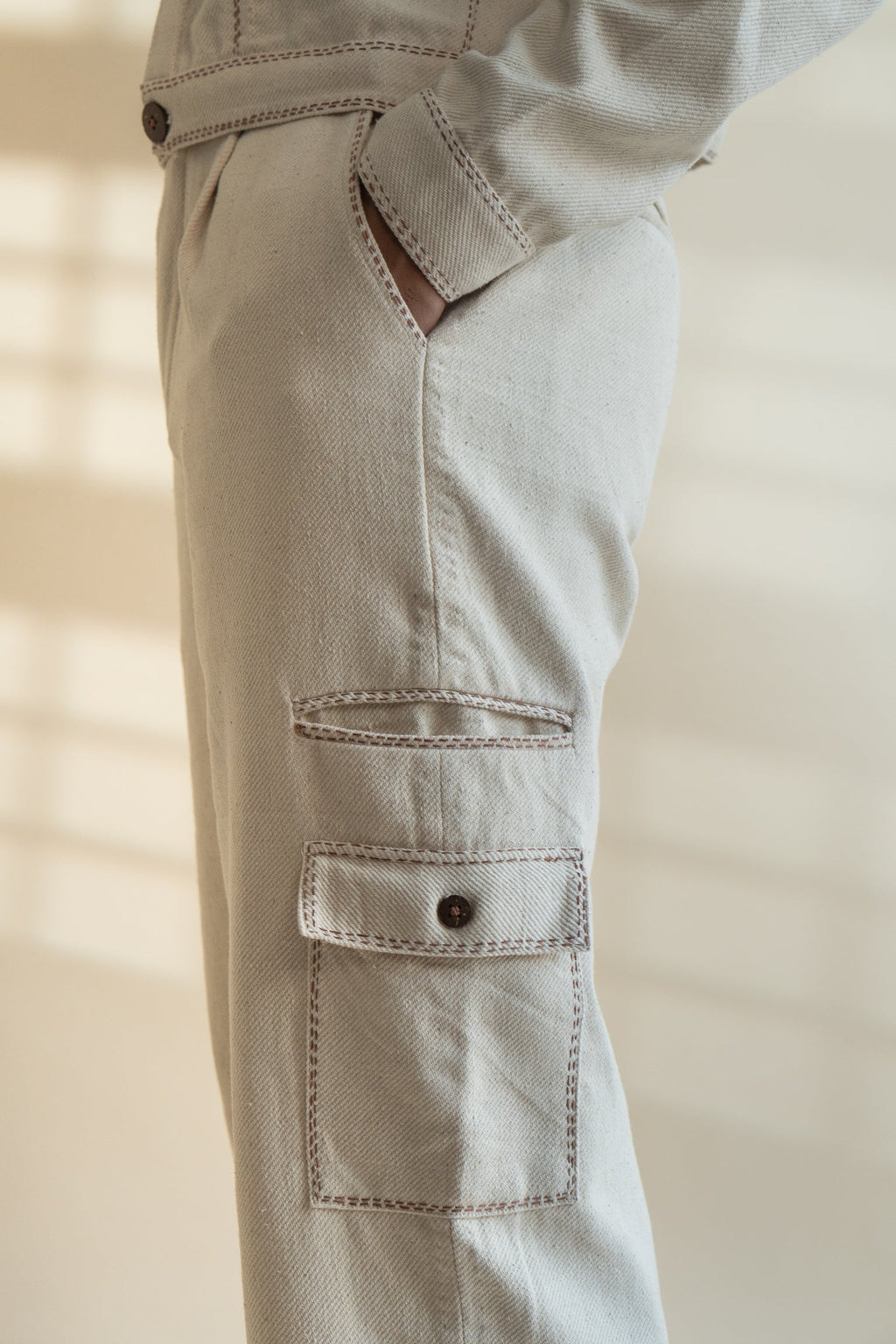 Dawning Denim Jacket & Utility Pants Set by Lafaani with Beige, Bottoms, Casual Wear, Co-ord Sets, Dawning by Lafaani, Denim, Embroidered, For Him, Hand Woven Cotton, Kora, Mens Co-ords, Menswear, Natural, Regular Fit at Kamakhyaa for sustainable fashion