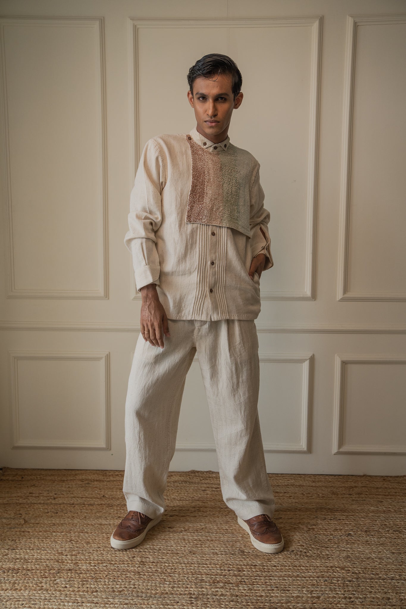 Kora Pleated Straight Pants by Lafaani with 100% pure cotton, Casual Wear, Kora, Materiality, Memoirs of Materiality by lafaani, Menswear, Natural with azo free dyes, Organic, Pants, Regular Fit, Solids, Tops, Undyed and Unbleached, Womenswear at Kamakhyaa for sustainable fashion