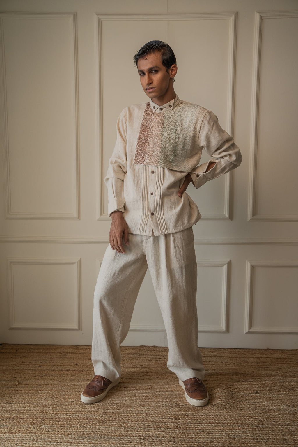 Extra Flap Shirt by Lafaani with 100% pure cotton, Casual Wear, Embroidered, Kora, Materiality, Memoirs of Materiality by lafaani, Menswear, Natural with azo free dyes, Organic, Regular Fit, Shirts, Solids, Tops, Undyed and Unbleached at Kamakhyaa for sustainable fashion