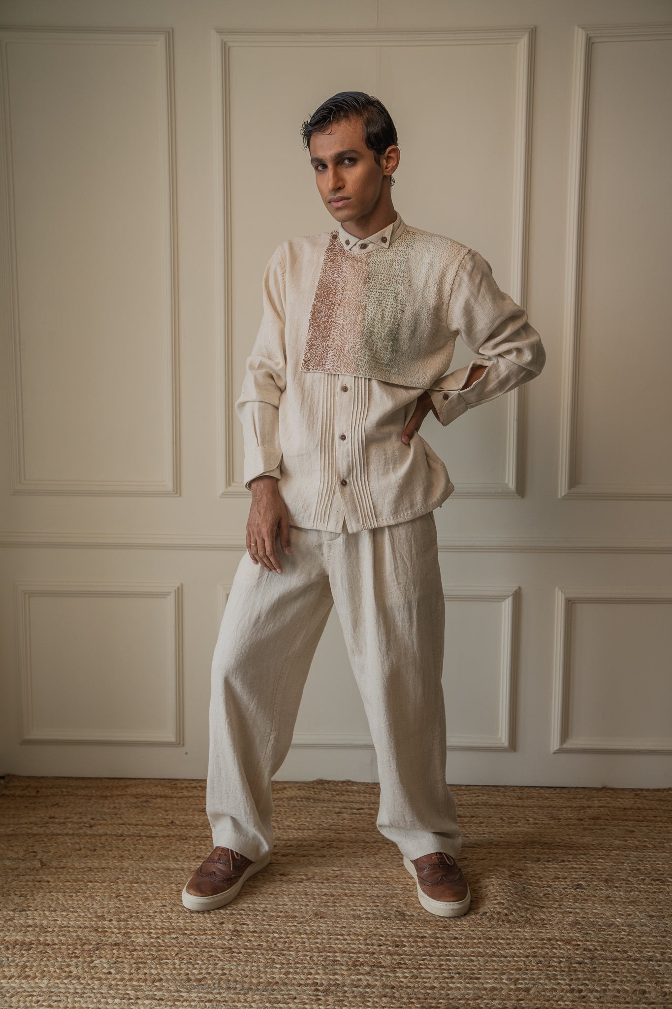 Extra Flap Shirt by Lafaani with 100% pure cotton, Casual Wear, Embroidered, Kora, Materiality, Memoirs of Materiality by lafaani, Menswear, Natural with azo free dyes, Organic, Regular Fit, Shirts, Solids, Tops, Undyed and Unbleached at Kamakhyaa for sustainable fashion