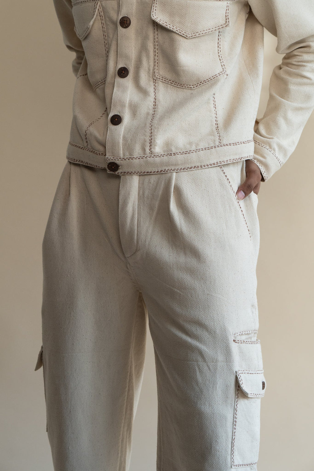 Dawning Denim Jacket & Utility Pants Set by Lafaani with Beige, Bottoms, Casual Wear, Co-ord Sets, Dawning by Lafaani, Denim, Embroidered, For Him, Hand Woven Cotton, Kora, Mens Co-ords, Menswear, Natural, Regular Fit at Kamakhyaa for sustainable fashion