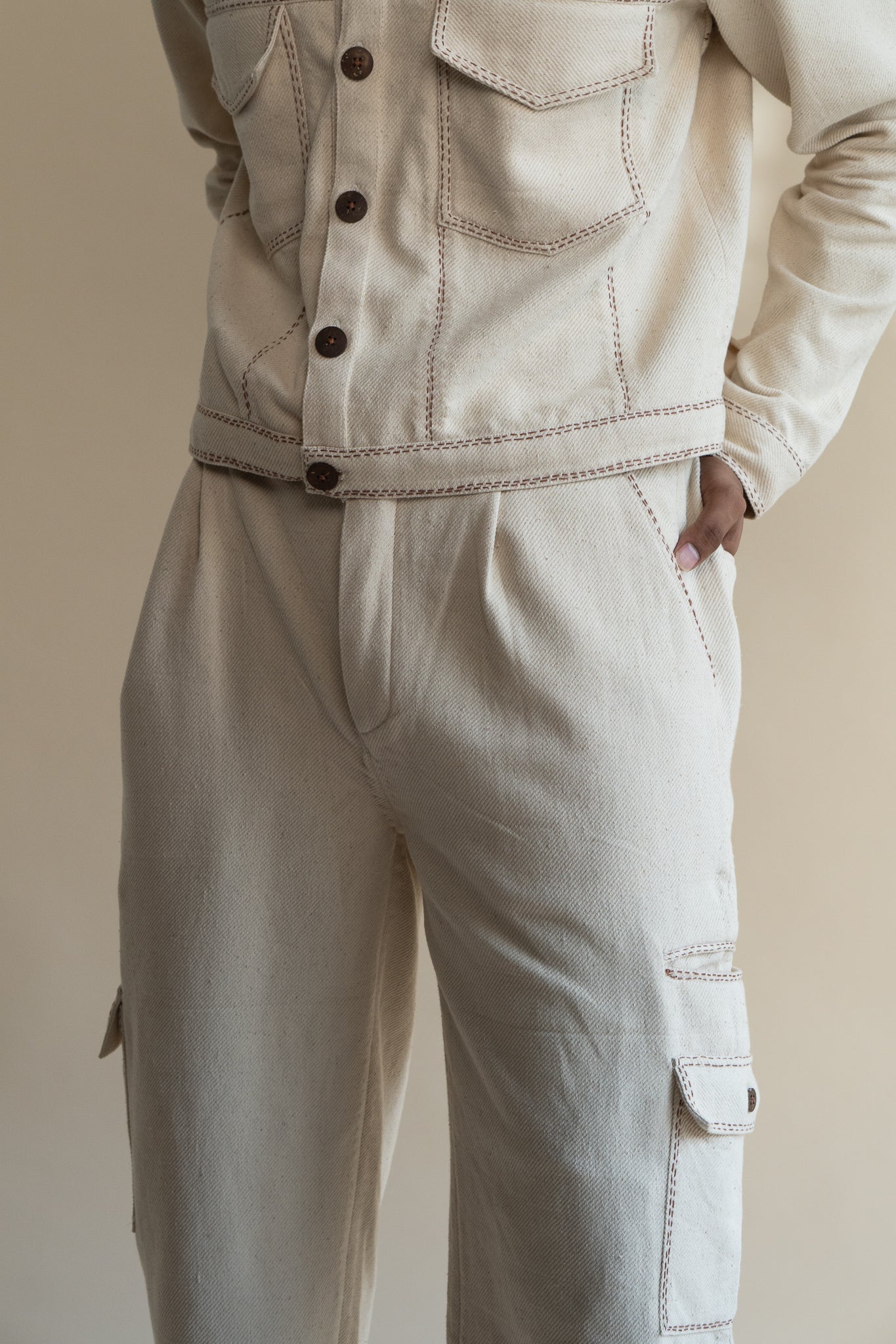 Dawning Denim Jacket & Utility Pants Set by Lafaani with Beige, Bottoms, Casual Wear, Co-ord Sets, Dawning by Lafaani, Denim, Embroidered, For Him, Hand Woven Cotton, Kora, Mens Co-ords, Menswear, Natural, Regular Fit at Kamakhyaa for sustainable fashion