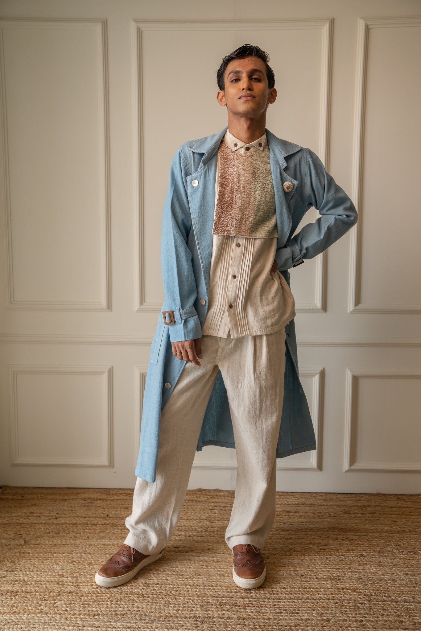 Unisex Deconstructed Trench by Lafaani with 100% pure cotton, Casual Wear, Jackets, Light Blue, Materiality, Memoirs of Materiality by lafaani, Menswear, Natural with azo free dyes, Organic, Regular Fit, Solids, Unisex at Kamakhyaa for sustainable fashion