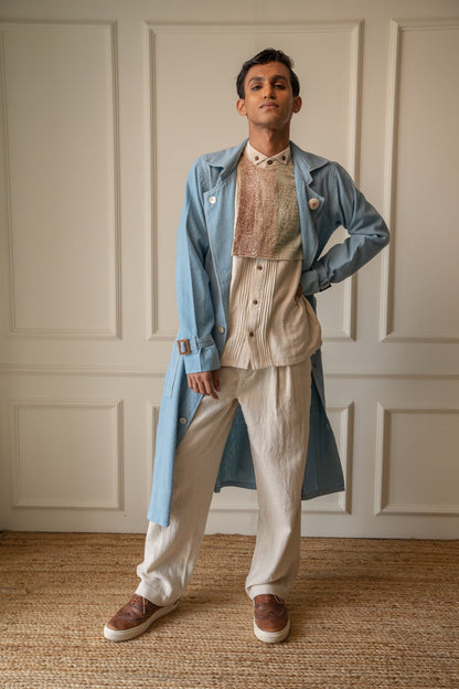 Unisex Deconstructed Trench by Lafaani with 100% pure cotton, Casual Wear, Jackets, Light Blue, Materiality, Memoirs of Materiality by lafaani, Menswear, Natural with azo free dyes, Organic, Regular Fit, Solids, Unisex at Kamakhyaa for sustainable fashion