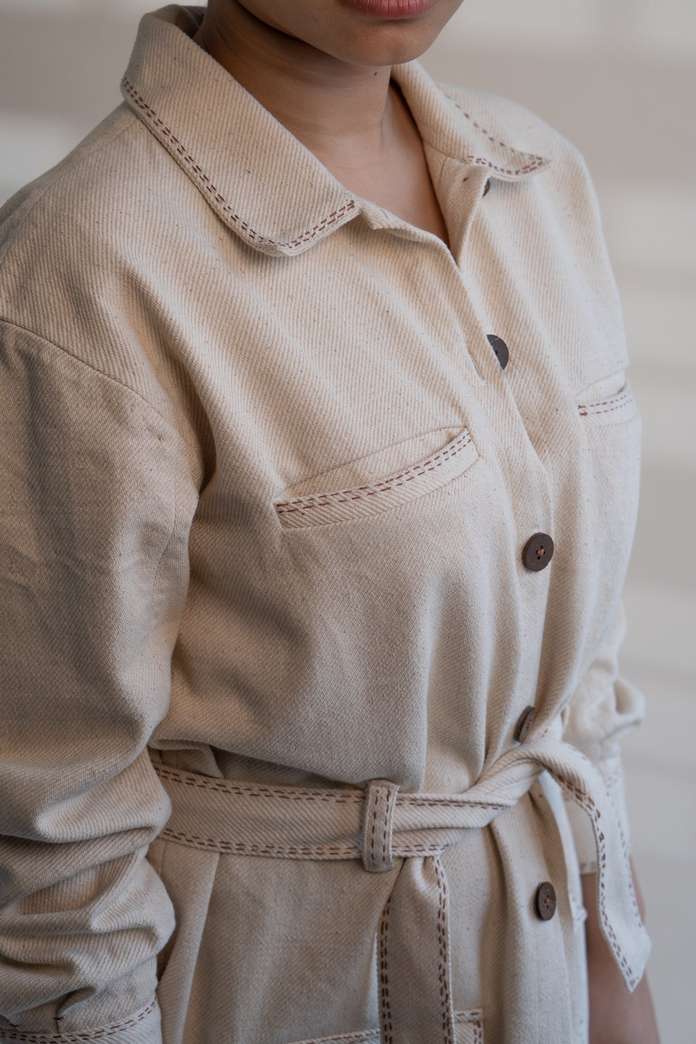 Dawning Denim Dress by Lafaani with Beige, Casual Wear, Dawning by Lafaani, Denim, Embroidered, Hand Woven Cotton, Kora, Natural, Regular Fit, Shirt Dresses, Shirts, Womenswear at Kamakhyaa for sustainable fashion