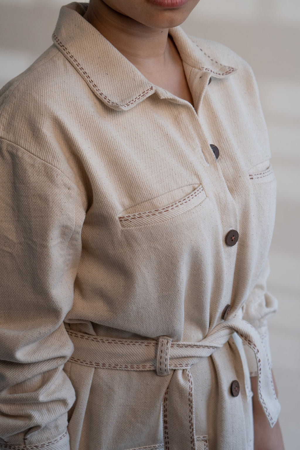 Dawning Denim Dress & Patch Pocket Pants Set by Lafaani with Beige, Casual Wear, Co-ord Sets, Dawning by Lafaani, Denim, Embroidered, Hand Woven Cotton, Kora, Natural, Regular Fit, Vacation, Vacation Co-ords, Womenswear at Kamakhyaa for sustainable fashion