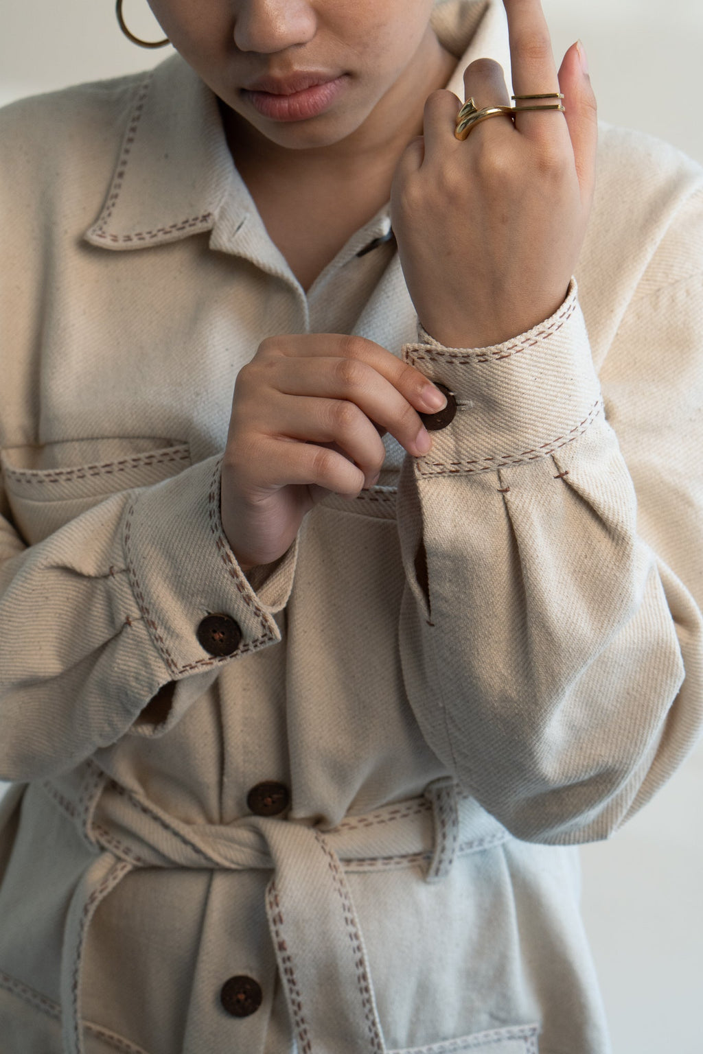 Dawning Denim Dress & Patch Pocket Pants Set by Lafaani with Beige, Casual Wear, Co-ord Sets, Dawning by Lafaani, Denim, Embroidered, Hand Woven Cotton, Kora, Natural, Regular Fit, Vacation, Vacation Co-ords, Womenswear at Kamakhyaa for sustainable fashion