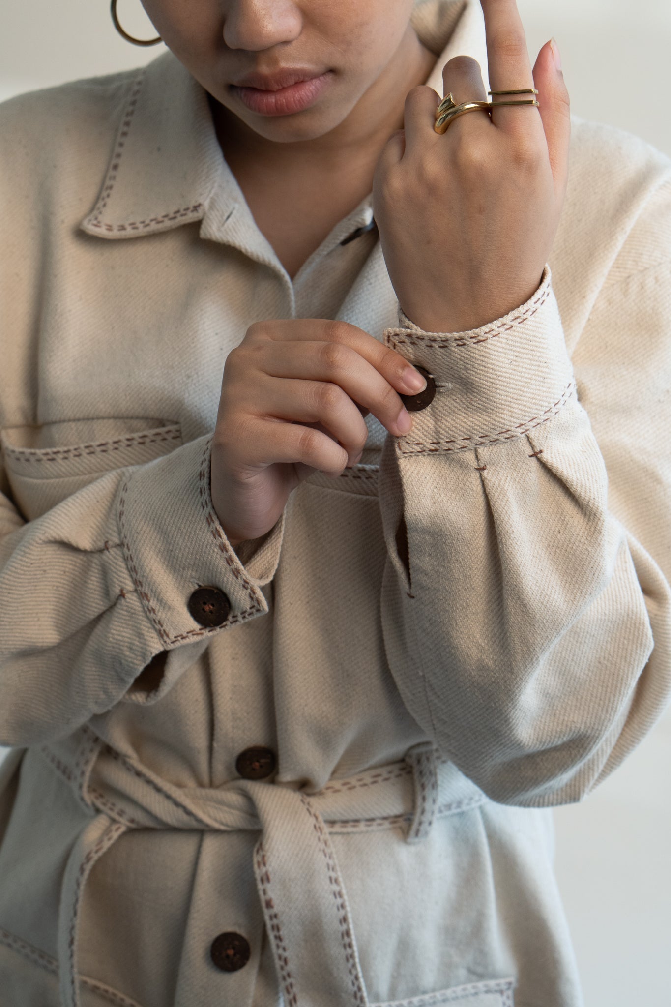 Dawning Denim Dress by Lafaani with Beige, Casual Wear, Dawning by Lafaani, Denim, Embroidered, Hand Woven Cotton, Kora, Natural, Regular Fit, Shirt Dresses, Shirts, Womenswear at Kamakhyaa for sustainable fashion