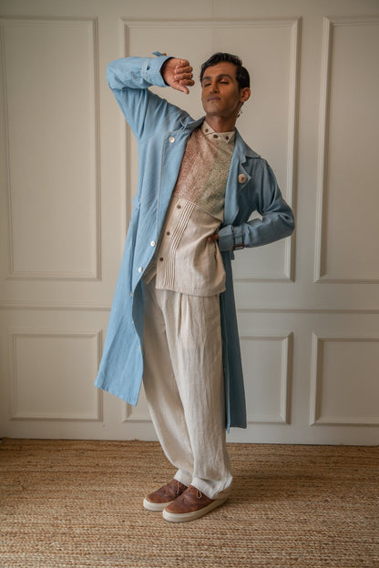 Unisex Deconstructed Trench by Lafaani with 100% pure cotton, Casual Wear, Jackets, Light Blue, Materiality, Memoirs of Materiality by lafaani, Menswear, Natural with azo free dyes, Organic, Regular Fit, Solids, Unisex at Kamakhyaa for sustainable fashion