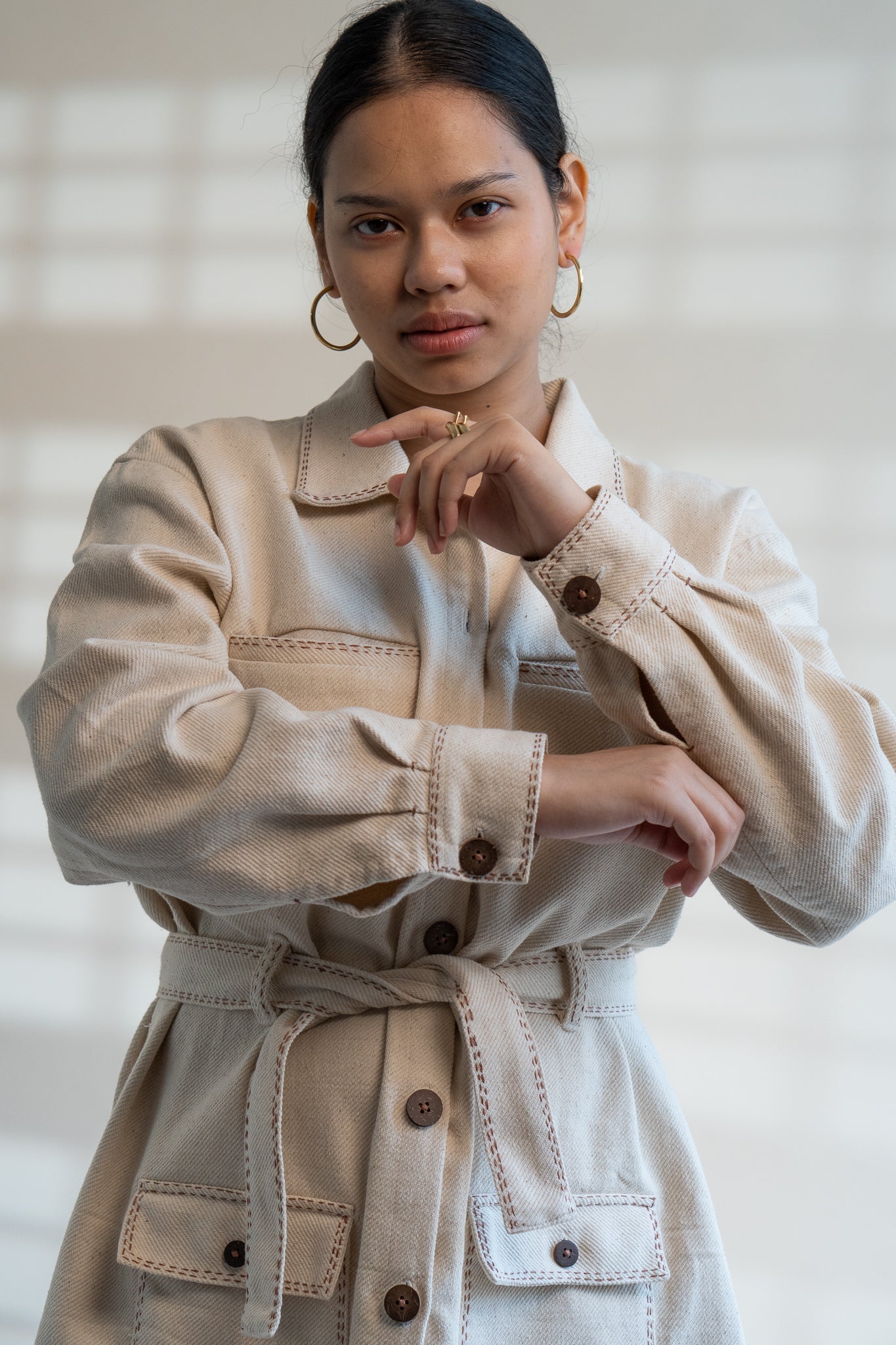 Dawning Denim Dress by Lafaani with Beige, Casual Wear, Dawning by Lafaani, Denim, Embroidered, Hand Woven Cotton, Kora, Natural, Regular Fit, Shirt Dresses, Shirts, Womenswear at Kamakhyaa for sustainable fashion