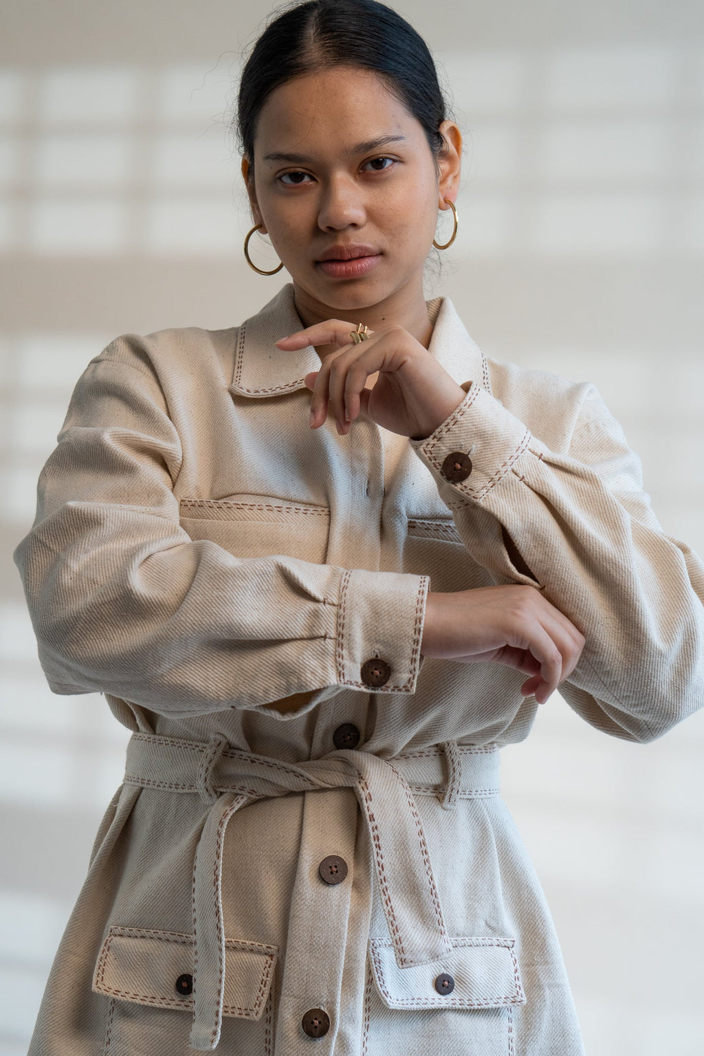 Dawning Denim Dress & Patch Pocket Pants Set by Lafaani with Beige, Casual Wear, Co-ord Sets, Dawning by Lafaani, Denim, Embroidered, Hand Woven Cotton, Kora, Natural, Regular Fit, Vacation, Vacation Co-ords, Womenswear at Kamakhyaa for sustainable fashion