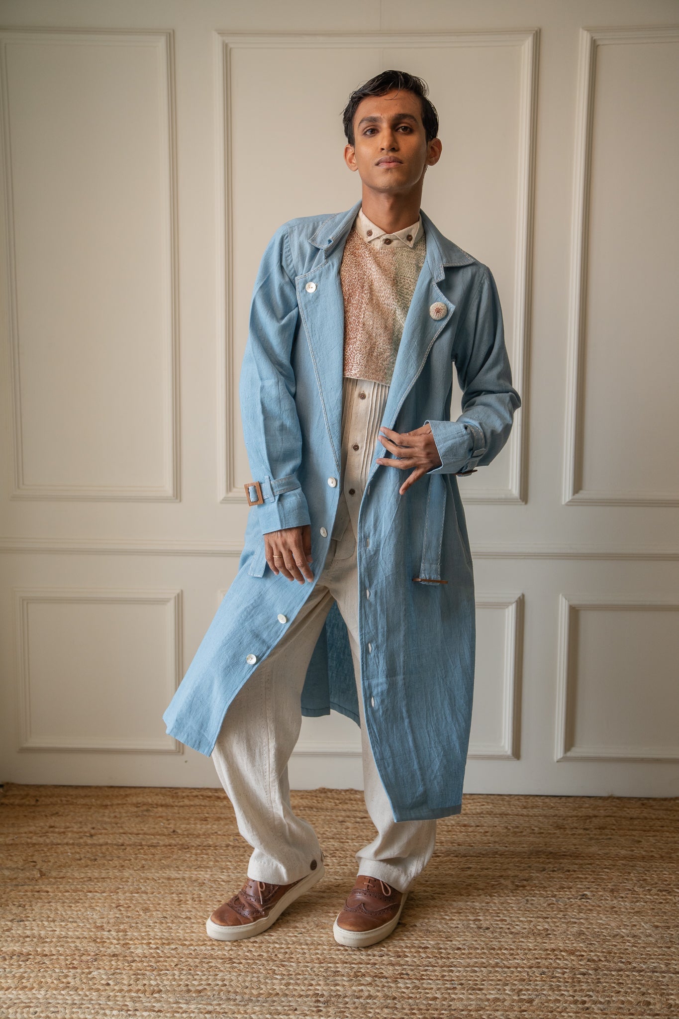 Unisex Deconstructed Trench by Lafaani with 100% pure cotton, Casual Wear, Jackets, Light Blue, Materiality, Memoirs of Materiality by lafaani, Menswear, Natural with azo free dyes, Organic, Regular Fit, Solids, Unisex at Kamakhyaa for sustainable fashion