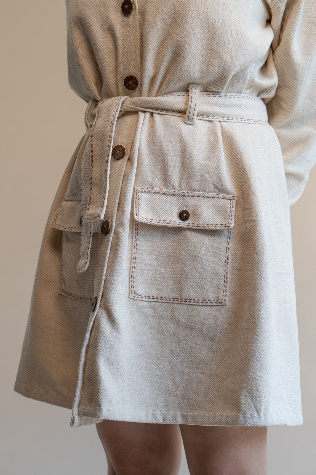 Dawning Denim Dress by Lafaani with Beige, Casual Wear, Dawning by Lafaani, Denim, Embroidered, Hand Woven Cotton, Kora, Natural, Regular Fit, Shirt Dresses, Shirts, Womenswear at Kamakhyaa for sustainable fashion