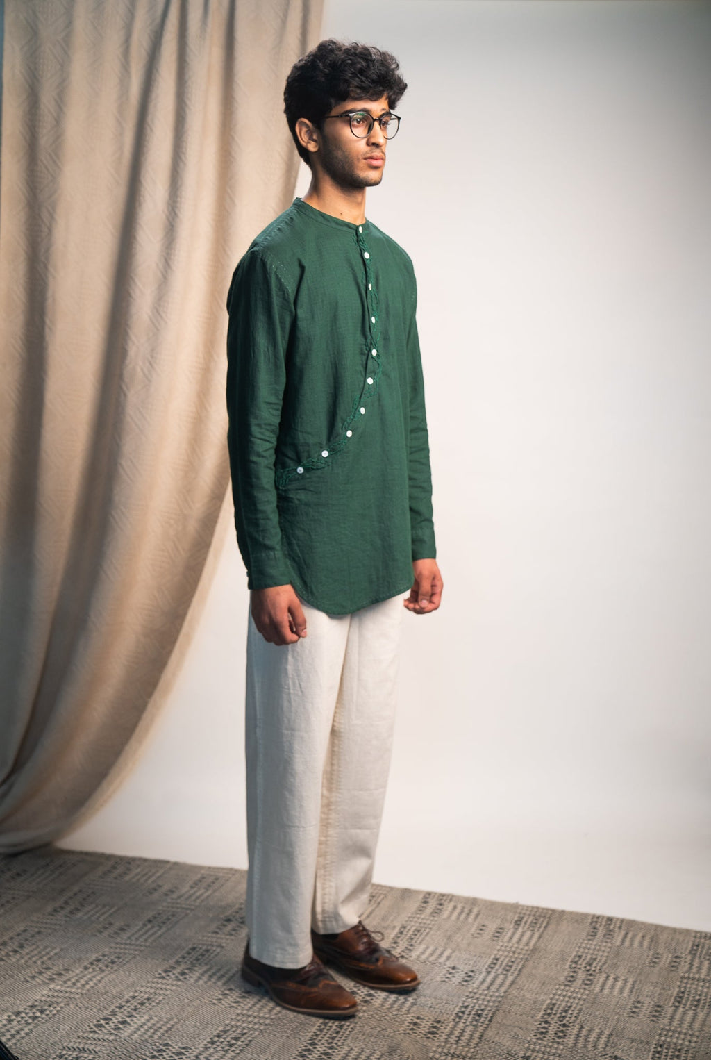 Angrakha Shirt & Pants Set by Lafaani with 100% pure cotton, Casual Wear, Co-ord Sets, Green, Kora, Menswear, Natural with azo free dyes, Organic, Regular Fit, Rewind, Rewind by Lafaani, Solids at Kamakhyaa for sustainable fashion