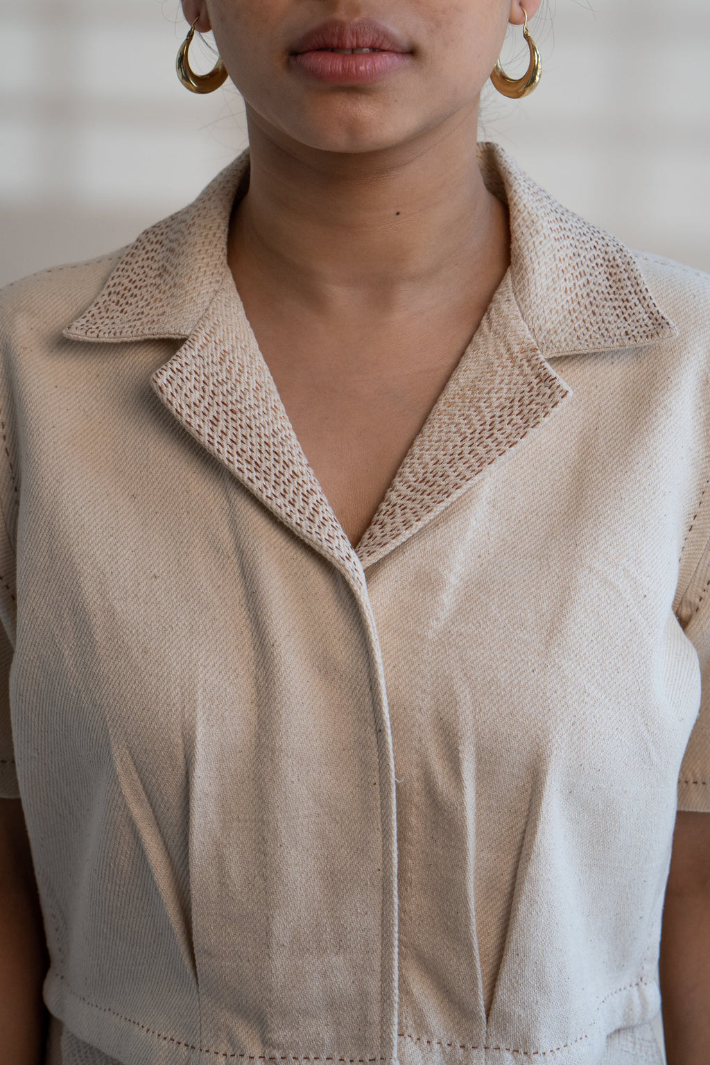 Dawning Denim Crop Jacket & Patch Pocket Pants Set by Lafaani with Beige, Casual Wear, Co-ord Sets, Dawning by Lafaani, Denim, Embroidered, Hand Woven Cotton, Kora, Natural, Office, Office Wear Co-ords, Regular Fit, Womenswear at Kamakhyaa for sustainable fashion