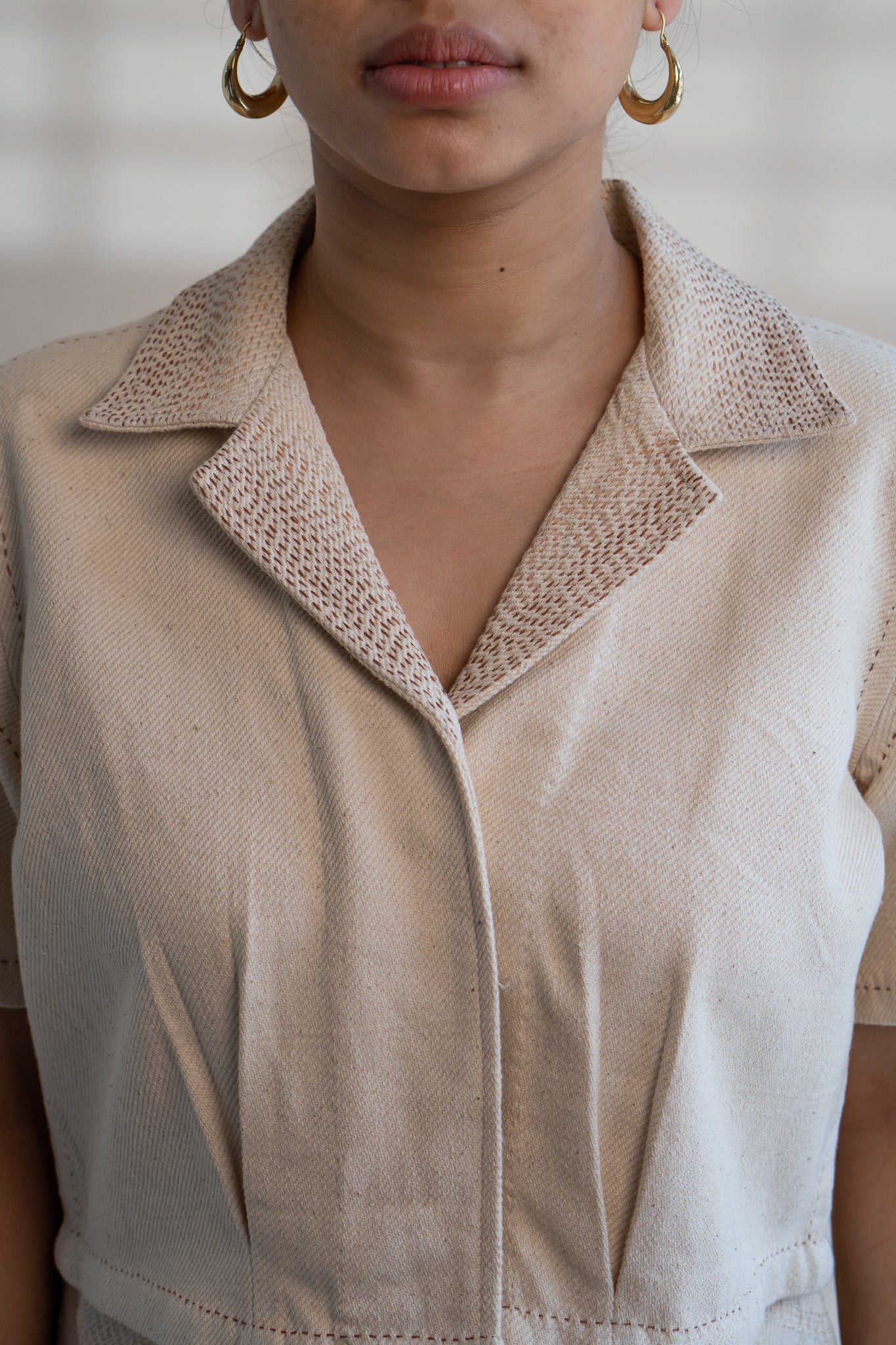 Dawning Denim Crop Jacket & Patch Pocket Pants Set by Lafaani with Beige, Casual Wear, Co-ord Sets, Dawning by Lafaani, Denim, Embroidered, Hand Woven Cotton, Kora, Natural, Office, Office Wear Co-ords, Regular Fit, Womenswear at Kamakhyaa for sustainable fashion