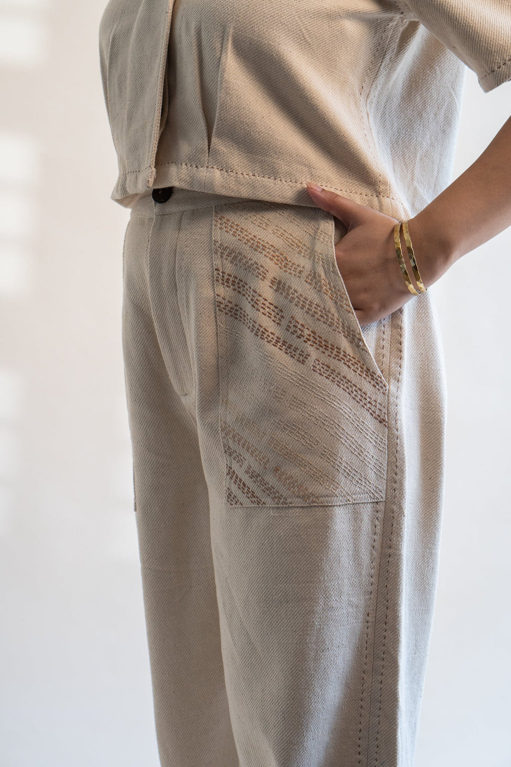 Dawning Denim Crop Jacket & Patch Pocket Pants Set by Lafaani with Beige, Casual Wear, Co-ord Sets, Dawning by Lafaani, Denim, Embroidered, Hand Woven Cotton, Kora, Natural, Office, Office Wear Co-ords, Regular Fit, Womenswear at Kamakhyaa for sustainable fashion