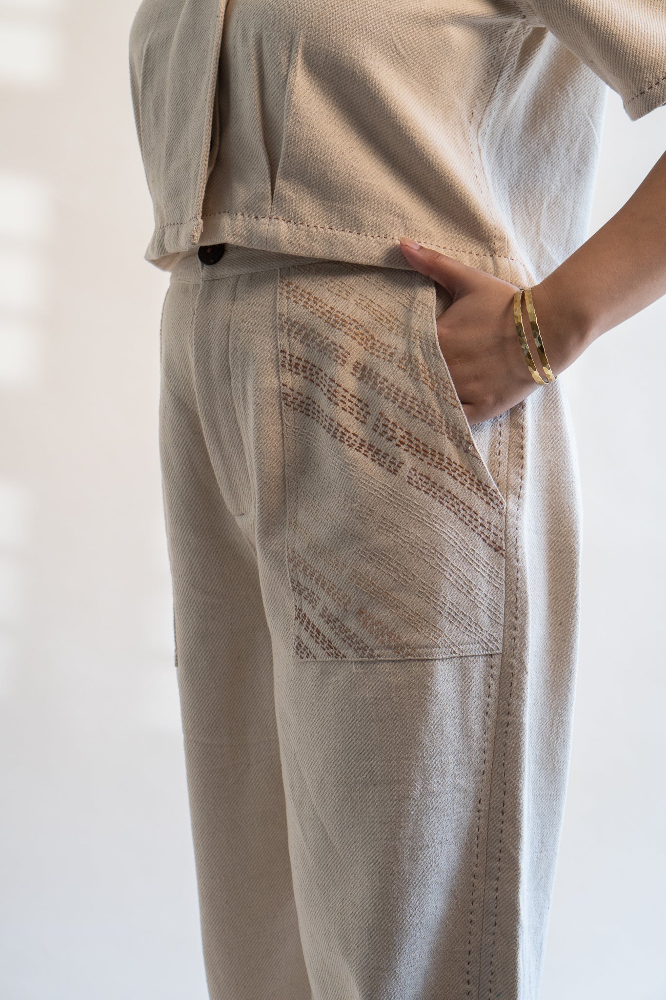 Dawning Denim Crop Jacket & Patch Pocket Pants Set by Lafaani with Beige, Casual Wear, Co-ord Sets, Dawning by Lafaani, Denim, Embroidered, Hand Woven Cotton, Kora, Natural, Office, Office Wear Co-ords, Regular Fit, Womenswear at Kamakhyaa for sustainable fashion
