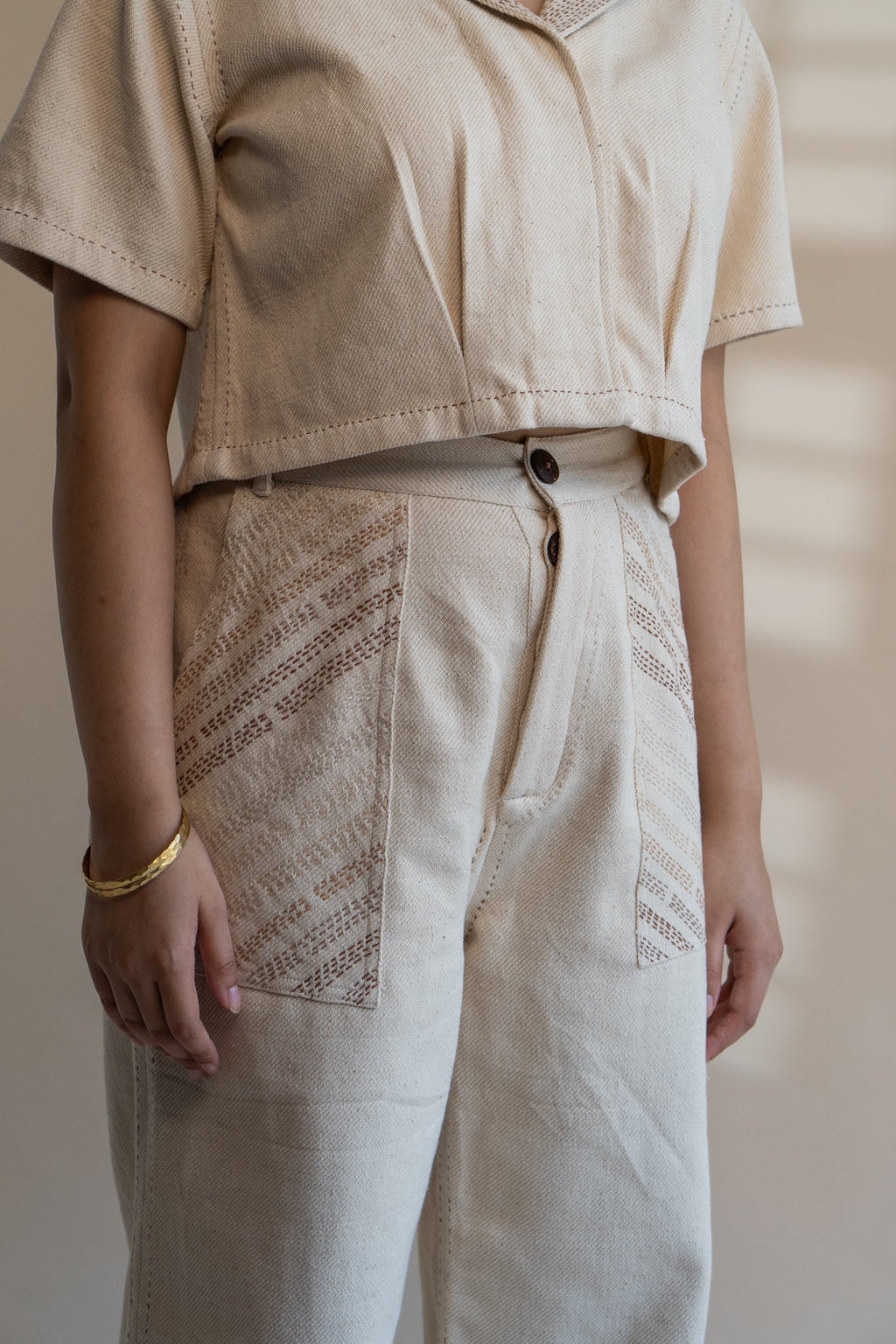 Dawning Denim Crop Jacket & Patch Pocket Pants Set by Lafaani with Beige, Casual Wear, Co-ord Sets, Dawning by Lafaani, Denim, Embroidered, Hand Woven Cotton, Kora, Natural, Office, Office Wear Co-ords, Regular Fit, Womenswear at Kamakhyaa for sustainable fashion