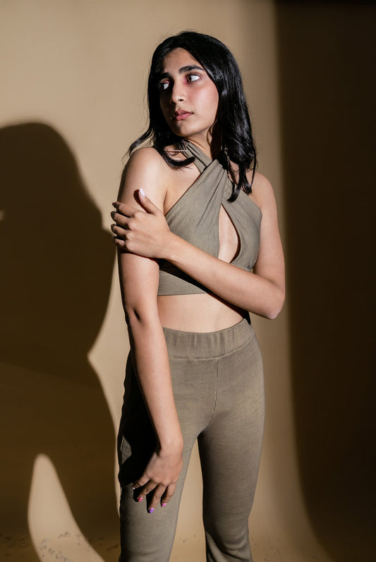 Olive Green Crop Top by Meko Studio with Cotton Terry, Crop Tops, Deadstock Fabrics, Evening Wear, Halter Neck Tops, July Sale, July Sale 2023, Olive Green, Reroot AW-21/22, Reroot by Meko Studio, Slim Fit, Solids, Womenswear at Kamakhyaa for sustainable fashion