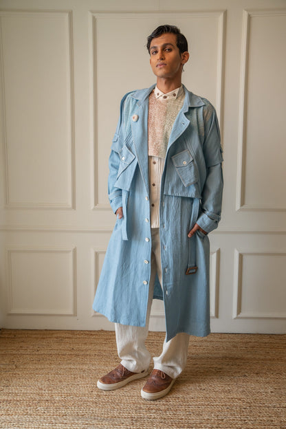 Unisex Deconstructed Trench by Lafaani with 100% pure cotton, Casual Wear, Jackets, Light Blue, Materiality, Memoirs of Materiality by lafaani, Menswear, Natural with azo free dyes, Organic, Regular Fit, Solids, Unisex at Kamakhyaa for sustainable fashion