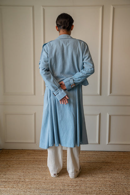 Unisex Deconstructed Trench by Lafaani with 100% pure cotton, Casual Wear, Jackets, Light Blue, Materiality, Memoirs of Materiality by lafaani, Menswear, Natural with azo free dyes, Organic, Regular Fit, Solids, Unisex at Kamakhyaa for sustainable fashion