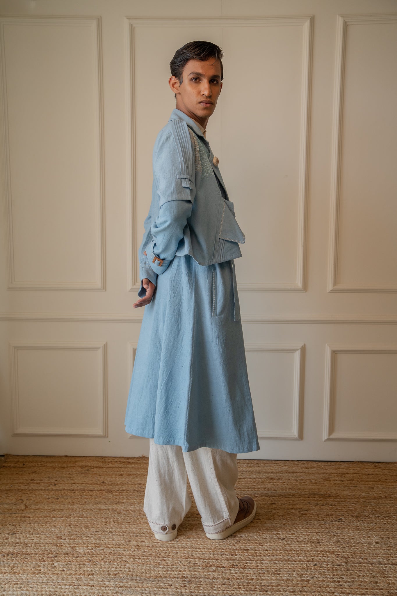 Unisex Deconstructed Trench by Lafaani with 100% pure cotton, Casual Wear, Jackets, Light Blue, Materiality, Memoirs of Materiality by lafaani, Menswear, Natural with azo free dyes, Organic, Regular Fit, Solids, Unisex at Kamakhyaa for sustainable fashion