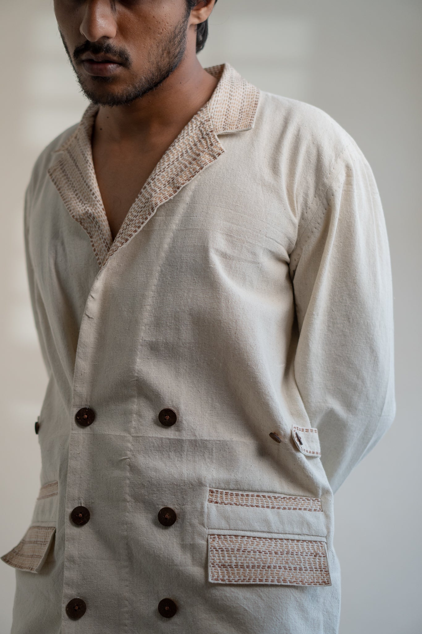 Dawning Unisex Double Breasted Jacket by Lafaani with Beige, Casual Wear, Dawning by Lafaani, Denim, Embroidered, For Him, Hand Woven Cotton, Jackets, Kora, Mens Overlay, Menswear, Natural, Regular Fit, Unisex at Kamakhyaa for sustainable fashion